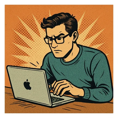 a person coding at a MacBook, retro comic book cartoon style, halftone shading sticker