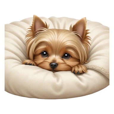 Meme-Worthy Cute Sleeping Yorkshire Terrier Portrait Emoji, Head resting gently with a peaceful, contented expression and softly closed, dreamy eyes, featuring a well-groomed, silky fur in rich hues, simplified yet irresistibly endearing, highly detailed, glowing with a gentle, drowsy radiance, high shine, exuding relaxed, heart-melting charm, styled with a soft glowing outline, capturing the essence of a sleeping Yorkshire Terrier that looks as if it could drift off into a sweet, meme-worthy slumber! sticker