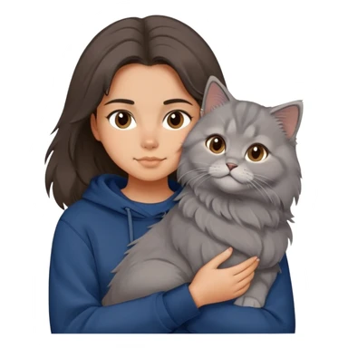 Brunette girl with dark blue sweatshirt snuggling a fluffy grey Siberian cat, cute cartoon style sticker