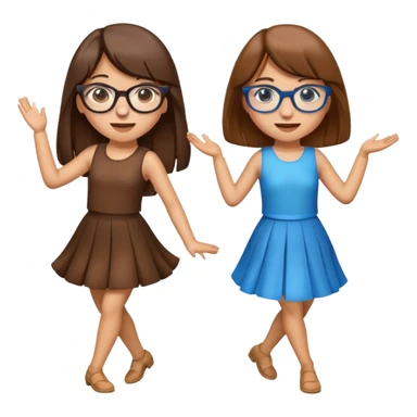 Two dancing girl emojis but one girl has long brown hair with bangs with blue eyes and glasses. And the other girl has long brown hair and brown eyes and tan skin.  sticker