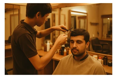 yuzi ko'rinmasin sartaroshxonada ishlayotganini tasvirlab ber mijozlarni sochini olayotganini o'smirin davrini sticker