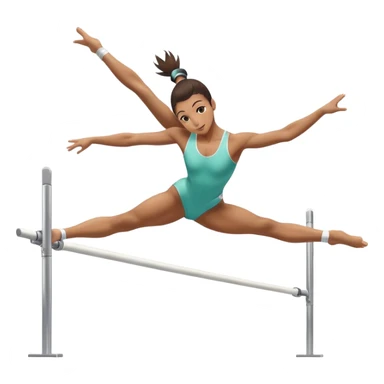 Professional gymnast performing a dynamic routine on parallel bars, captured mid-air in an elegant flip. The background features a well-lit gymnastics arena with a cheering audience. The athlete's posture and expression convey strength, control, and perfect coordination. sticker
