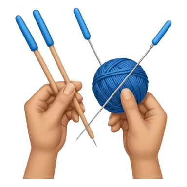 hands holding 2 knitting needles (1 on the right hand and another one on the left hand) with a ball of knitting thread (without a person's face) sticker