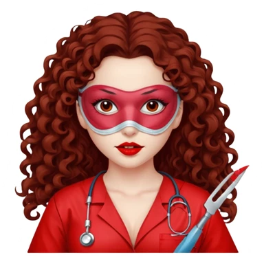 Lilith symbol seductress long curly hair evil surgeon.  brown hair. Red surgical mask.  covering. She works for cartel and kills  with a scalpel. Sexy surgeon outfit sticker