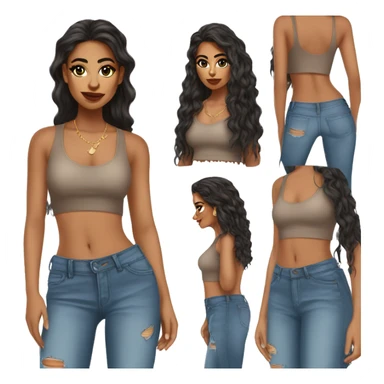 Latina with crop top ripped bootcut jeans and makeup sticker