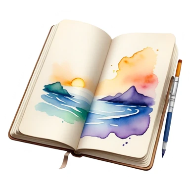 Cinematic Realistic image of an open sketchbook accompanied by a set of translucent watercolors, with delicate pigment stains and soft, flowing brushstrokes, captured under gentle, diffused lighting that highlights creative fluidity sticker