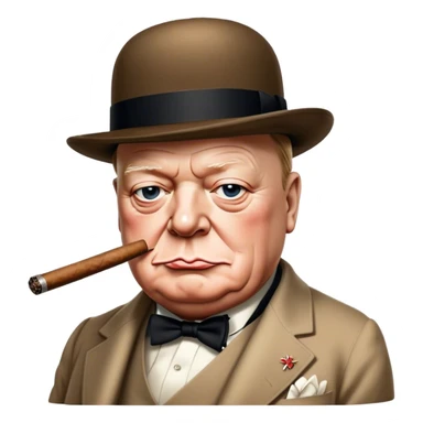 Cinematic Realistic Winston Churchill Portrait Emoji, depicted as a resolute British statesman with a signature bowler hat and a cigar, exuding determined leadership and wartime valor, rendered with lifelike textures and dramatic vintage lighting that captures his iconic British spirit. sticker