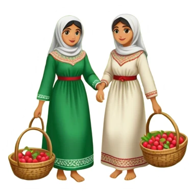 Palestinian women dressed in traditional embroidered thobes harvesting fruit in an orchard. Their vibrant and intricately designed dresses reflect deep heritage, while their coordinated efforts collecting fruit in a woven basket sticker