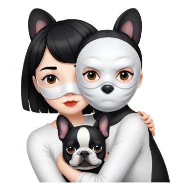 girl with short black straight bangs hair wearing a white mask and hugging a black French bulldog sticker