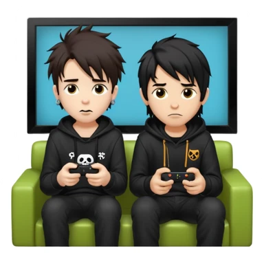 pale Goth boy with a bunch of face piercings, with shaggy dark brown hair, next to a Carmel  skin gamer boy with long black hair , they are watching tv together  sticker