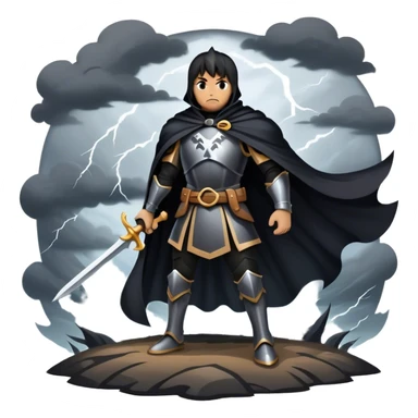 A shadowy knight with a black cape, standing in a stormy battlefield sticker
