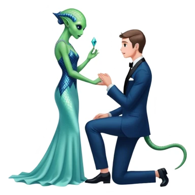 alien reptilian green skin woman, in long slim pastel blue formal party satin dress with gradient shiny sparkling navy blue diamonds embroidered , and caucasian man in black dres on his knees asks her to marry her sticker