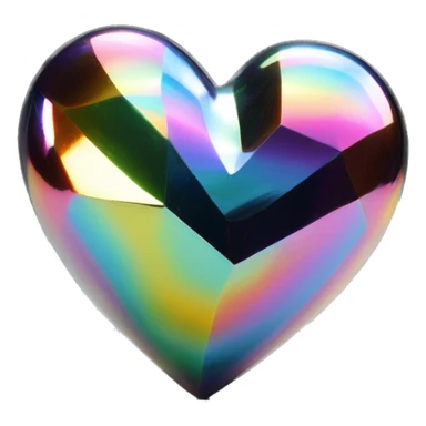 symbolic heart chrome sculpture symbolizing chromatic light with a geometric, faceted design. The heart is standing upright with angular and baroque features. The vibrant rainbow of colors highlights the sharp edges and planes.  sticker
