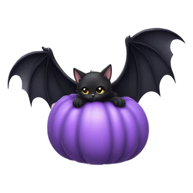 Cute black cat with bat wings sitting on a pumpkin holding a pastel Purple Heart sticker