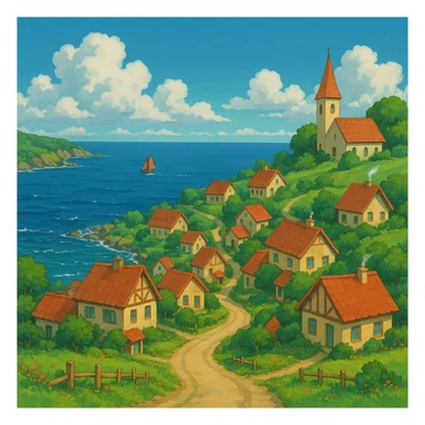 ghibli style coastal village scene sticker