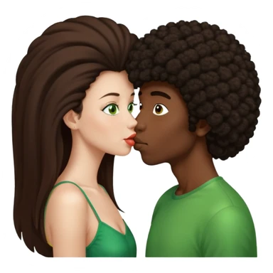 girl with long brown straight hair and green eyes kissing dark boy with afro and big nose sticker