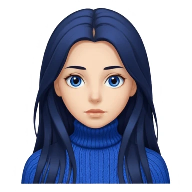 Mujer pelo oscuro y muy largo con unos mechones saliendo ojos oscuros y muy atractiva y con jersey de invierno azul de cuello vuelto sticker