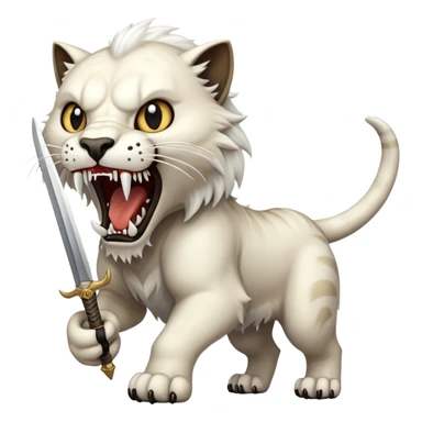 saber-toothed cat with absurdly long, sword-like canine teeth that are longer than its entire head, comically exaggerated fangs sticker