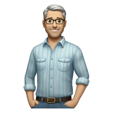A middle-aged man with short dark hair and glasses, wearing a light blue striped shirt and jeans, standing casually with one hand in his pocket, smiling gently against a plain, neutral background. sticker