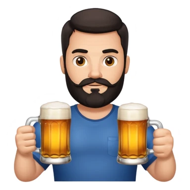 big man in yoga pose, bright skin, dark beard and dark short hair, holding beer mugs sticker