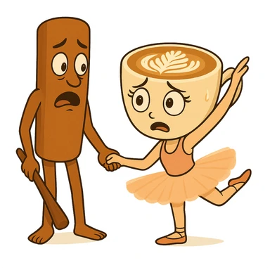 Keep the same quality and style as the reference image. Edit the coffee cup character to have a nervous expression and the cinnamon stick character to have a surprised expression. sticker