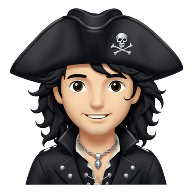 A charismatic pirate with wavy black hair tousled. His black tricorn hat, embroidered with silver. Dark eyes glint with mischief as he gazes to the side, a knowing smile on his lips. His fitted black coat, adorned with silver buttons. A silver chain dangles from his belt sticker