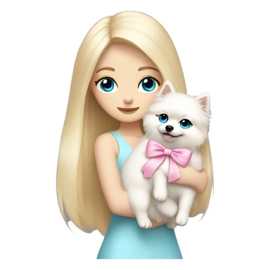 Blond girl white skin blue eyes hugging white Pomeranian with light pink bow sticker