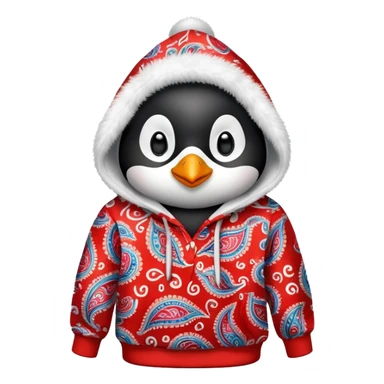 penguin wearing a red paisley pattern hoodie sticker