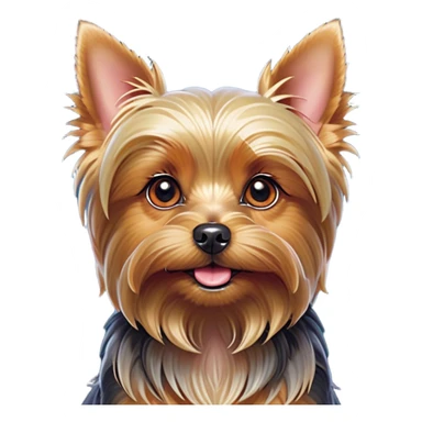Cinematic Cute Yorkshire Terrier Portrait Emoji, Head perked with bright, twinkling eyes and a perky expression, showcasing a soft, silky fur in rich hues, simplified yet adorably detailed, glowing with a cheerful, inviting glow, high shine, exuding playful intelligence and spunky charm, styled with a gentle, whimsical outline, capturing the essence of a cute Yorkshire Terrier that appears ready to frolic off the screen with irresistible energy! sticker