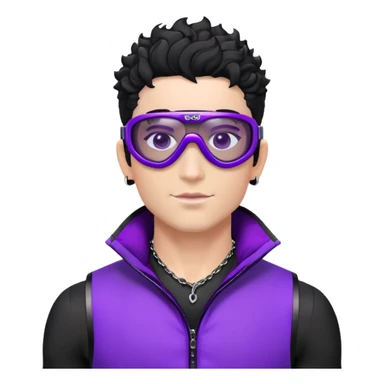 male athlete with white skin and moderately curly black hair on top with shaved sides, wearing ski goggles with purple frames and very dark black lenses, a simple plain black chain necklace, and an open shiny purple vest showing his chest and abs, no earrings sticker