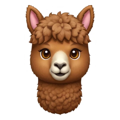 Cinematic Cute Brown Alpaca Portrait Emoji, Head tilted playfully and inquisitively, featuring a plush, rich brown fleece with a natural sheen, round, sparkling warm eyes filled with curiosity, Simplified yet irresistibly adorable features, highly detailed, glowing with a warm, friendly glow, high shine, affectionate and gentle, stylized with a touch of whimsy, bright and endearing, soft glowing outline, capturing the essence of a mischievous yet loving alpaca, so playful it feels like it could prance out of the screen and into your arms! sticker