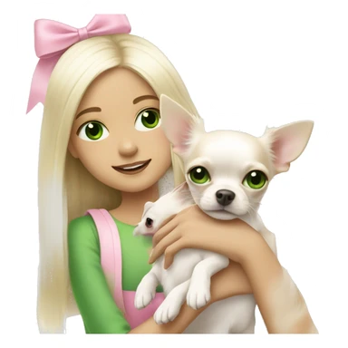 pale blond girl with long platinum hair with green eyes holding a white chihuahua puppy that wearing a pink bow sticker
