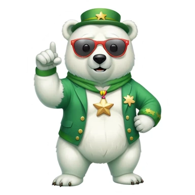 full body friendly anthropomorphised polar bear wearing oversized colorful star glasses and festive St. Patrick's Day outfit doing a fist pump sticker