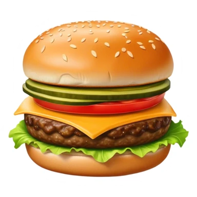 Cinematic juicy cheeseburger, perfectly grilled patty, melted cheese, crisp lettuce, tomatoes, and pickles, soft sesame seed bun, glossy and rich, warm glowing background, ultra-detailed and appetizing. sticker