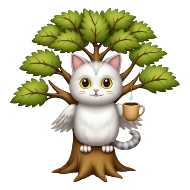 crea un gato con alas de búho con pelaje color cafe y blanco y que este en la rama de un árbol sticker