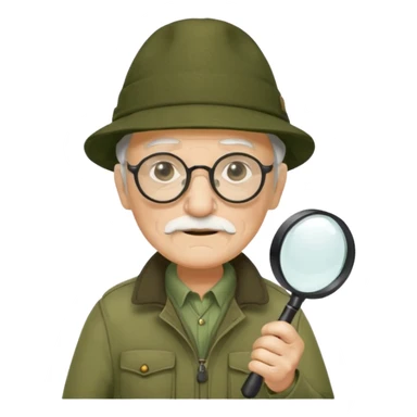 old man in beige moss green explorer outfit, wear black glass, hat, holding magnifying glass sticker