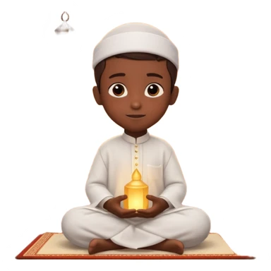 Personnage 3D mignon en style Pixar, un petit garçon portant un qamis blanc et un kufi, tenant un tapis de prière, entouré de lanternes brillantes, fond doux, couleurs chaudes, garçon teint noir sticker