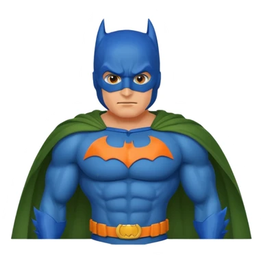 batman emoji with the mask in blue, wings in orange and cloak in green sticker