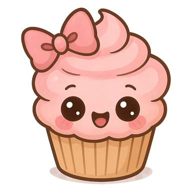 a cute pink cupcake with a bow, original design, big eyes, blushing cheeks, joyful sticker