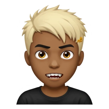 Black Male Teenager with Short punk messy blonde hair, Dark brown bushy eyebrows large expressive golden-brown eyes, wearing a plain white t-shirt, Dark Brown skin color. vampire tooth sticker