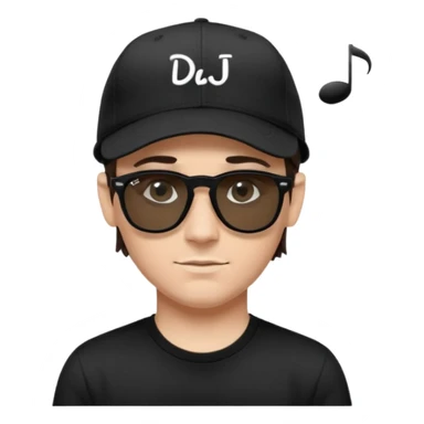 Emoji of a white man with short dark brown hair under a black baseball cap, wearing a black t‑shirt and 1980s‑style black Ray‑Ban rectangle sunglasses black lenses, with black musical notes floating around his head,  word "DJ DLG" written on the hat sticker