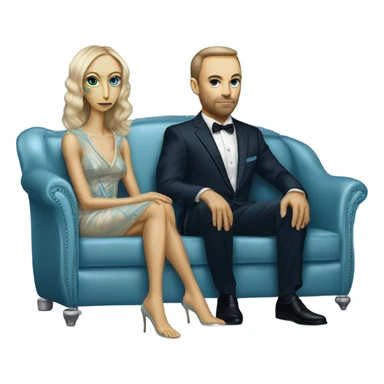 alien reptilian woman in long slim pastel blue formal party satin dress with gradient shiny sparkling navy blue diamonds embroidered , and caucasian man in black dress, sitting on a beige couch  sticker