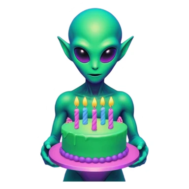 A neon-colored alien holding a holographic birthday cake, 1980s vaporwave aesthetic, grid floor, purple and cyan sunset, glitch effects, synthwave atmosphere, retro futuristic style
 sticker