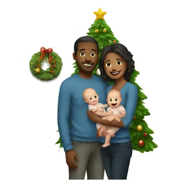 Couple standing by a Christmas tree holding a baby sticker
