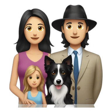 Family formed by a White man on hat and a White woman with long black hair and one small black dog border collie sticker