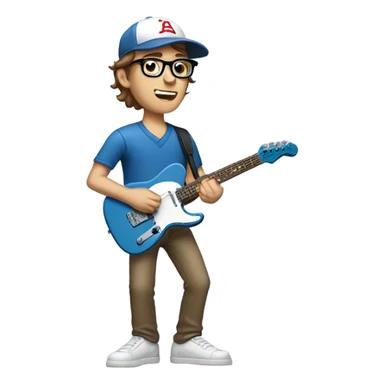 A nerdy white guy with glasses with short brown hair wearing a baseball cap playing a blue classic telescaster sticker