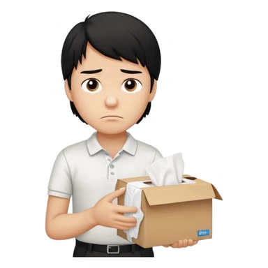 generate a pretty bratz boy with long black hair, wearing a white polo shirt. Looking sad, holding a box of tissues sticker
