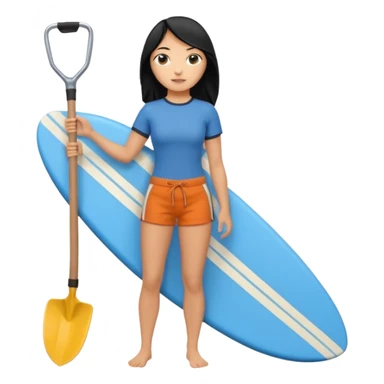Surfer(woman) black hair holding her cell phone and long garden shovel with another hand. Under her feet, there is one blue surfing board. sticker