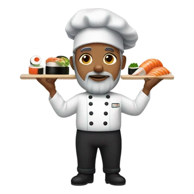 Chef with a gray beard and a black baseball hat rolling sushi sticker