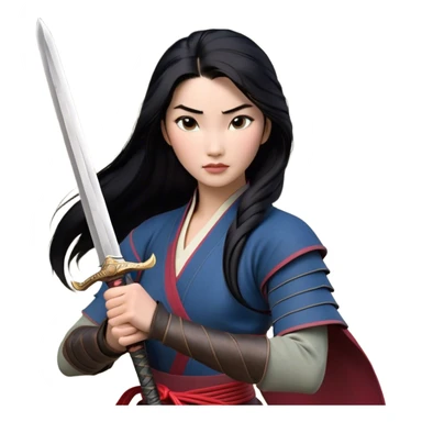 Cinematic Realistic Mulan Portrait, depicted with lifelike skin texture, soft natural lighting, and intricately detailed long black hair styled elegantly. Her deep, expressive eyes exude determination and grace, complemented by a serene yet confident expression. She stands with one hand resting on the hilt of her sword, the other by her side, exuding strength and poise. She is dressed in her classic attire, with rich fabric textures and delicate folds that catch the light beautifully. The portrait features a soft, enchanting glow with a natural, radiant finish, capturing the essence of timeless strength and beauty in a realistic and painterly style, evoking a sense of depth and authenticity. sticker